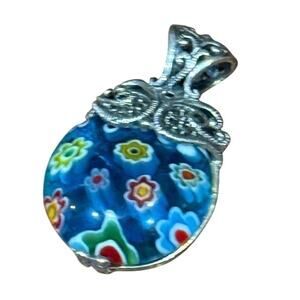 Sterling Silver 925 Marcasite & Floral Millefiori Italian Glass Pendant Vintage